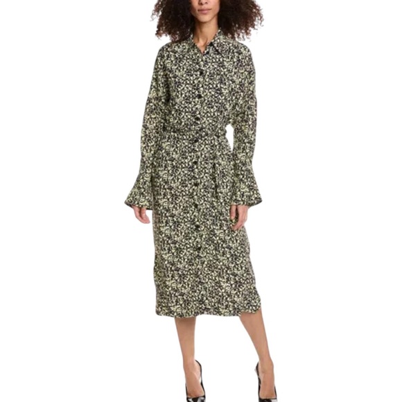Ganni Printed Crepe Midi Shirt Dress NWT Sz 10-12 Detachable Belt Black Yellow